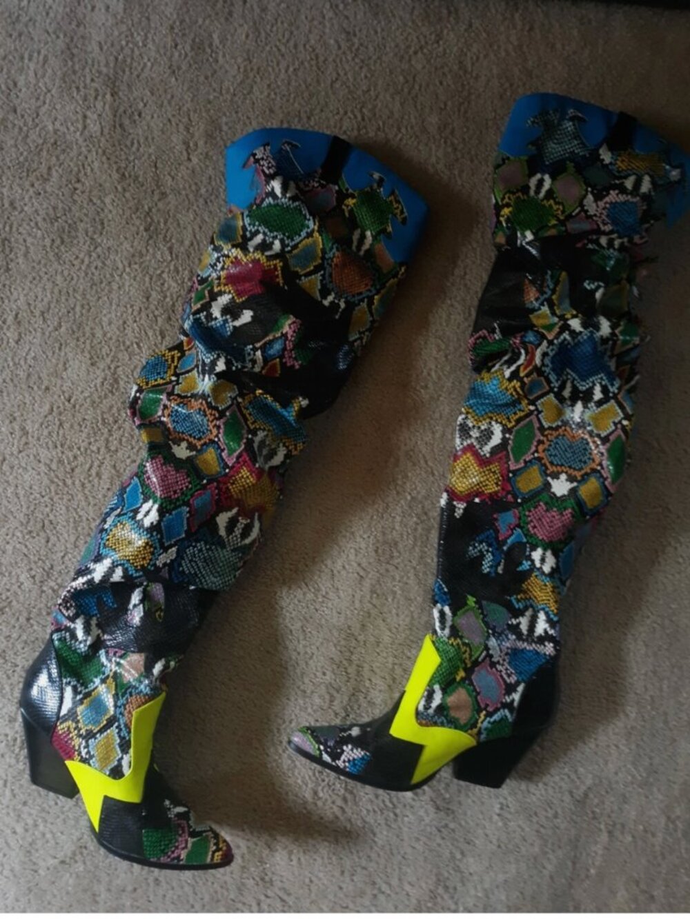 Thigh high multi color faux snake skin boots